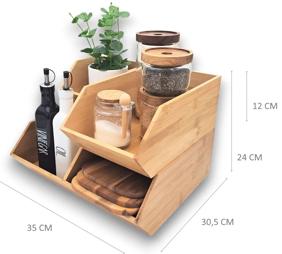 JJA Sada 3 bambusových organizérov CAJA do kuchyne, Double+single+mini