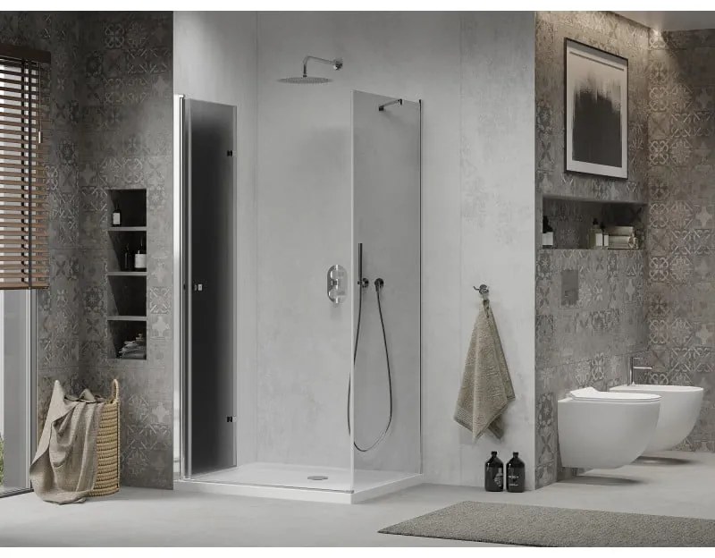 Mexen Lima, sprchový kút so skladacími dverami 70 (dvere) x 120 (stena) cm, 6mm šedé sklo, chrómový profil + slim sprchová vanička biela + chrómový sifón, 856-070-120-01-40-4010