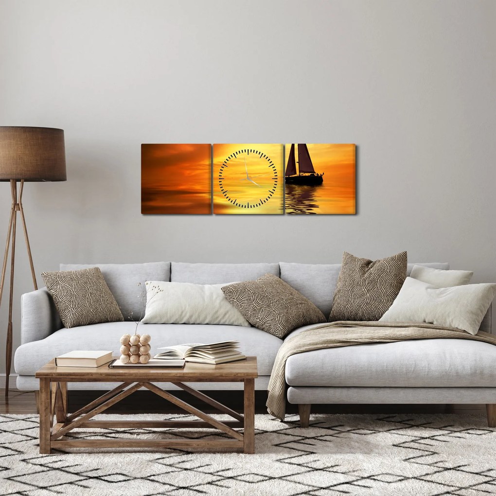 Obraz - Plachetnica pri západe slnka (s hodinami) (90x30 cm)