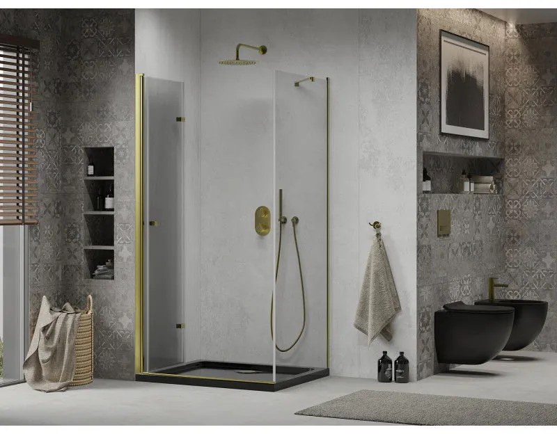 Mexen Lima, sprchový kút so skladacími dverami 90 (dvere) x 100 (stena) cm, 6mm číre sklo, chrómový profil + slim sprchová vanička čierna + zlatý sifón, 856-090-100-50-00-4070G