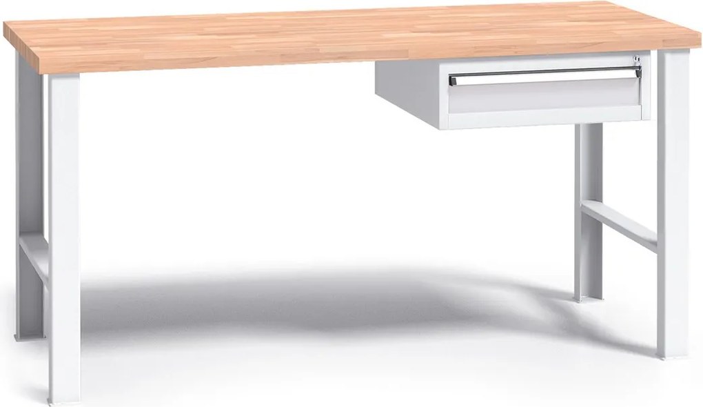 Pracovný stôl do dielne G3 so závesným boxom na náradie, buková škárovka, 1 zásuvka, pevné kovové nohy, 1500 mm, sivá