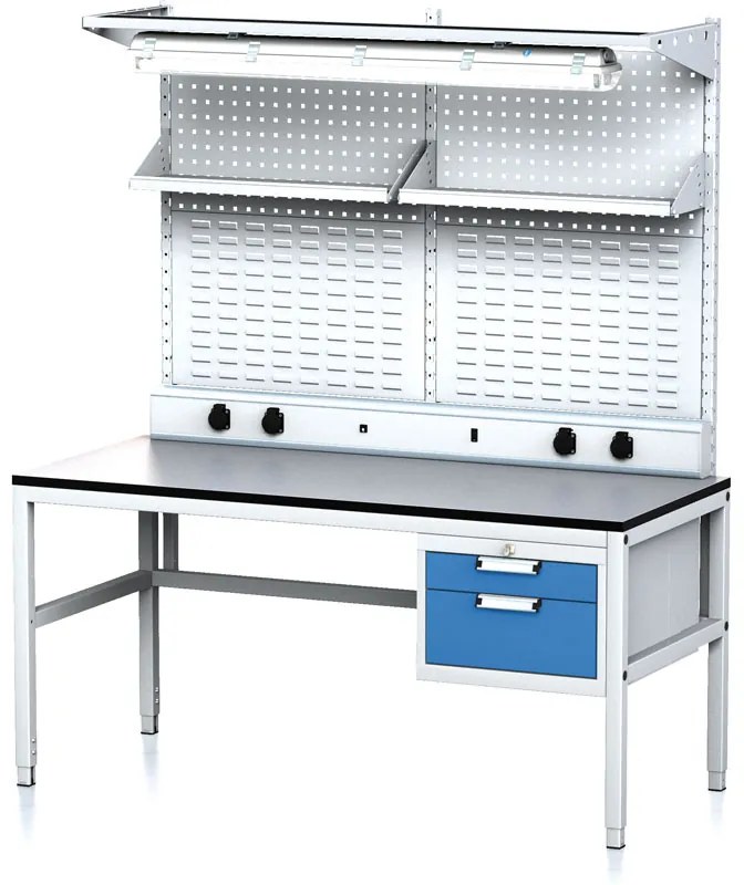 Alfa 3 Nastaviteľný dielenský stôl MECHANIC II, perfopanel, polica, osvetlenie, 2 zásuvkový box na náradie, 1600x700x745-985 mm, sivá/modrá