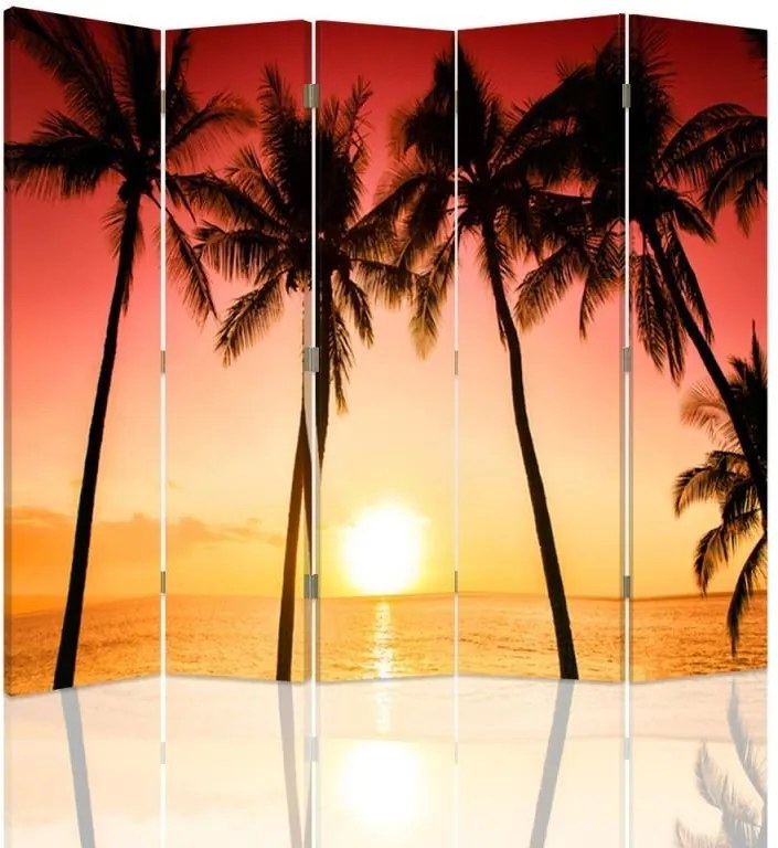 CARO Paraván - Sunset And Palm Trees | päťdielny | obojstranný 180x150 cm