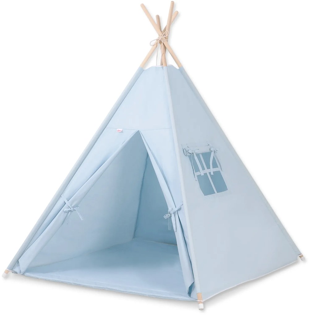 Bobono Stan Teepee pre deti + podložka na hranie + ozdobné pierka - modrý