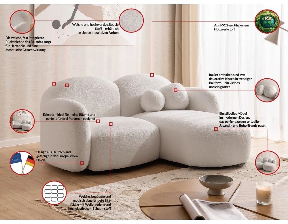 Krémovobiela rohová pohovka z textílie buklé (pravý roh/s leňoškou) Orbit – Ropez