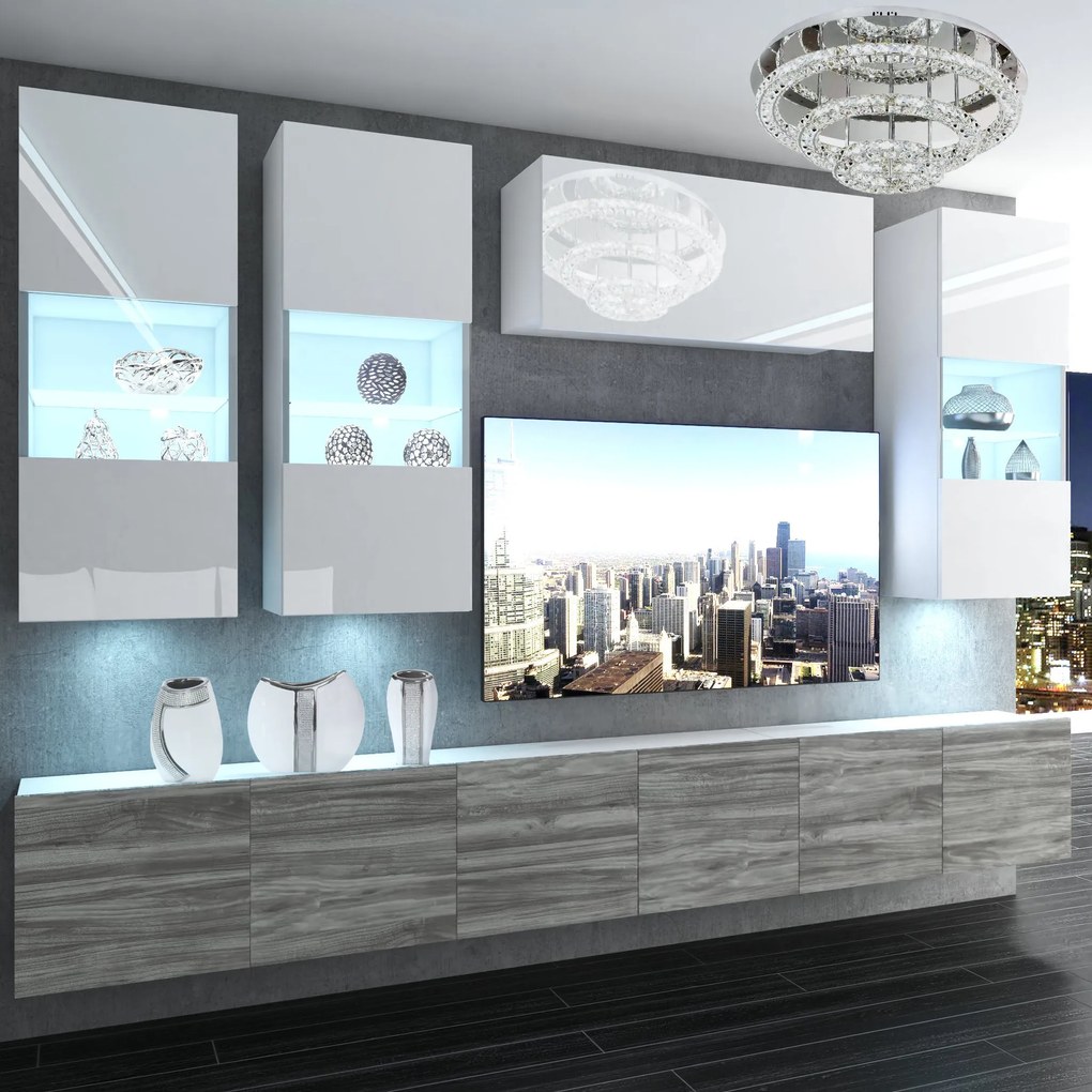 Obývacia stena Belini Premium Full Version šedý antracit Glamour Wood / biely lesk + LED osvetlenie Nexum 76