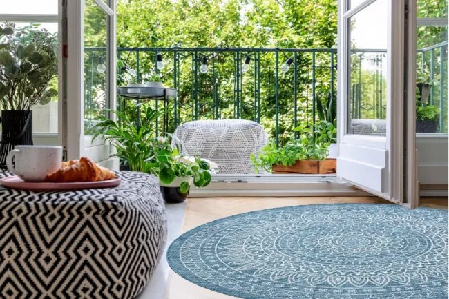 Koberec šnúrkový SIZAL LOFT 21207 Rozeta kruh BOHO slonia kosť / strieborný / nebeský