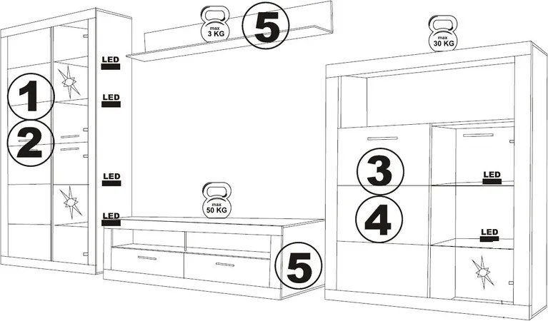 Obývacia stena Stone, s osvetlením