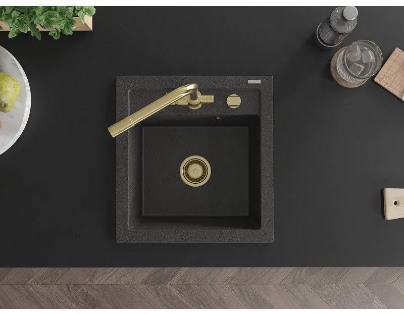 Mexen Vito, 1-komorový granitový drez 520x490x210 mm, zlatá batéria Duero, čierna škvrnitá, 6503-76-671600-50