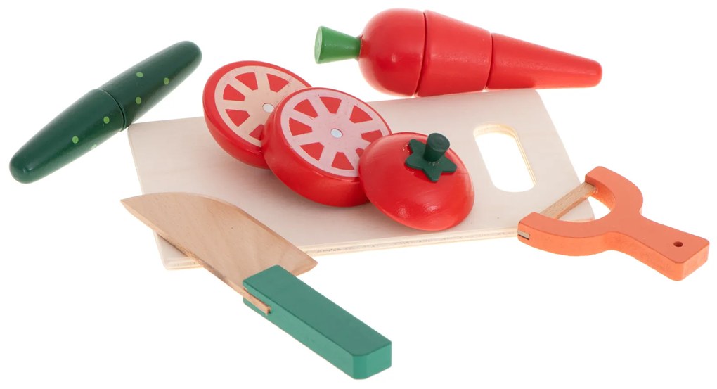 KIK Drevená magnetická zelenina na krájanie v krabici so škrabkou - detská kuchynská súprava