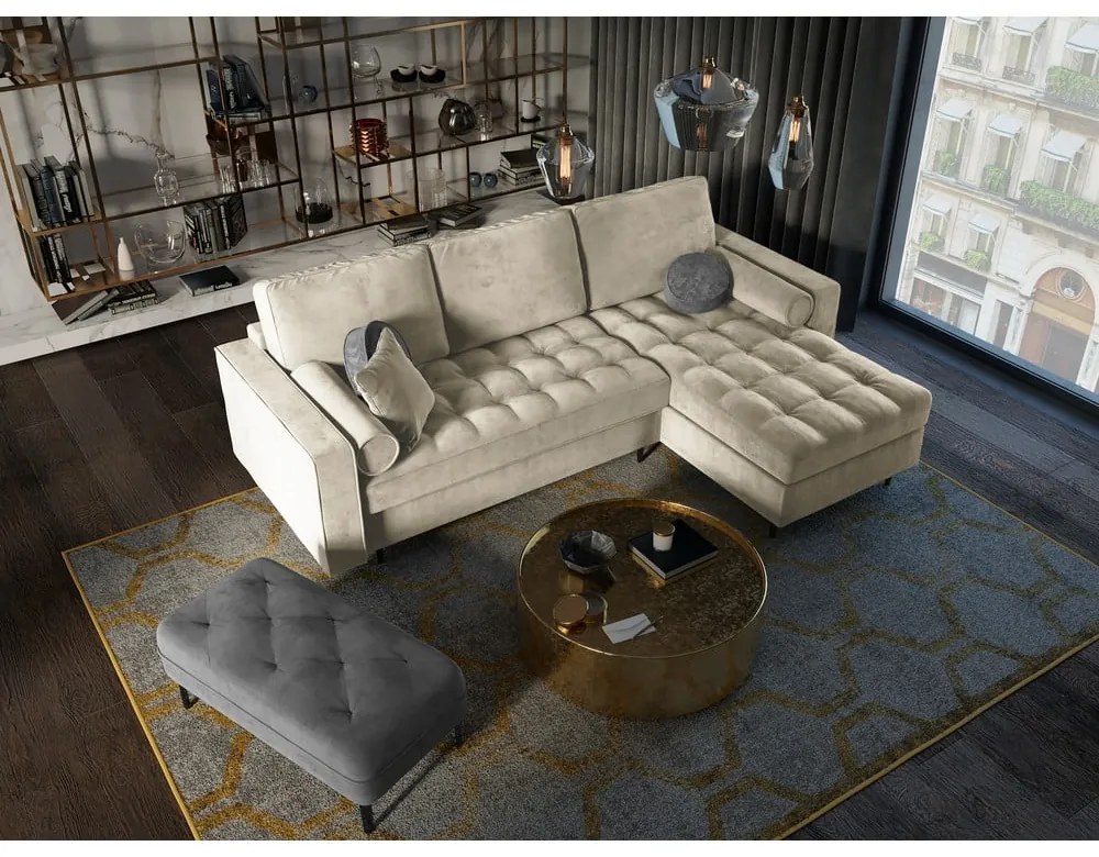 Béžová zamatová rozkladacia rohová pohovka Milo Casa Santo, pravý roh