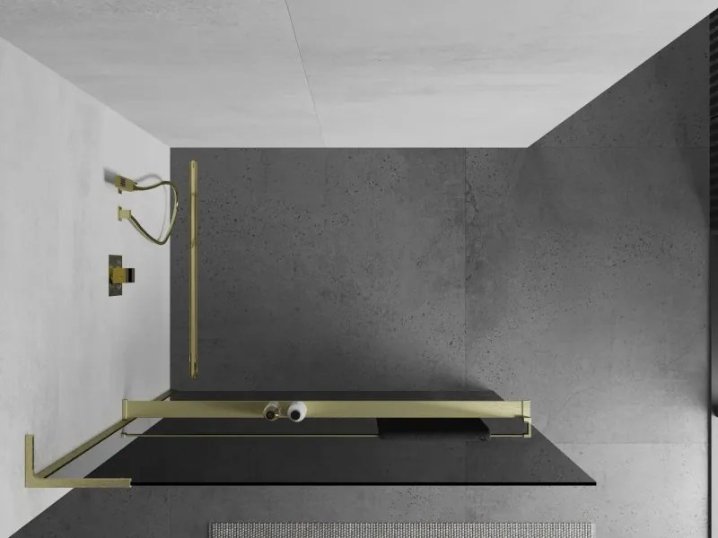 Mexen Kioto+ L, sprchová zástena Walk-In s poličkou a vešiakom 80 x 200 cm, 8mm šedé sklo, zlatý matný profil, 800-080-123-55-40