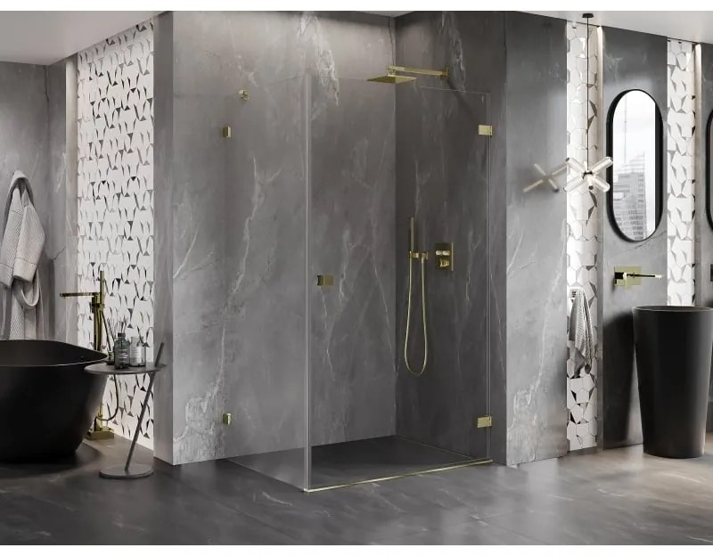 Mexen Lunar-B, pravostranný výklopný sprchový kút 85 x 70 cm, 8mm číre sklo, zlatý profil, 832-085-070-50-00-P