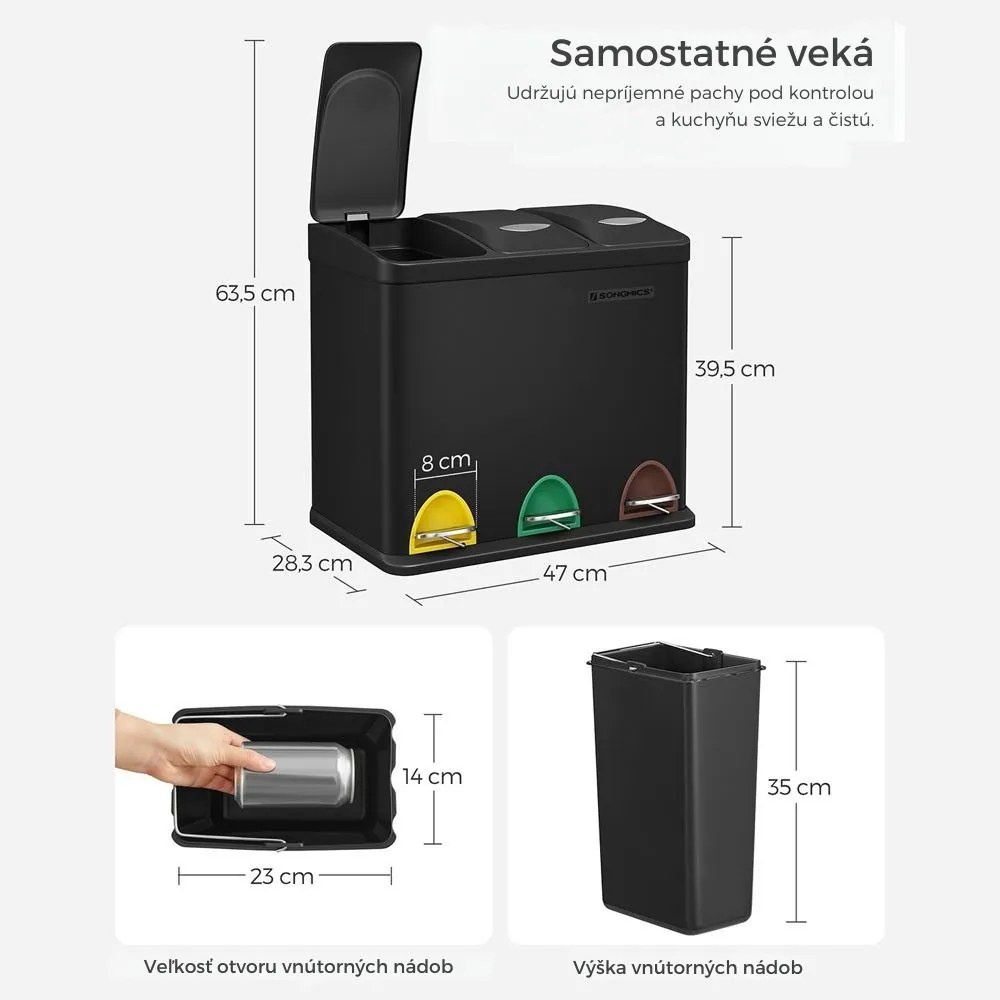 Kôš na separovanie odpadu SORT 24l (3x8l), čierna SongmicsHome