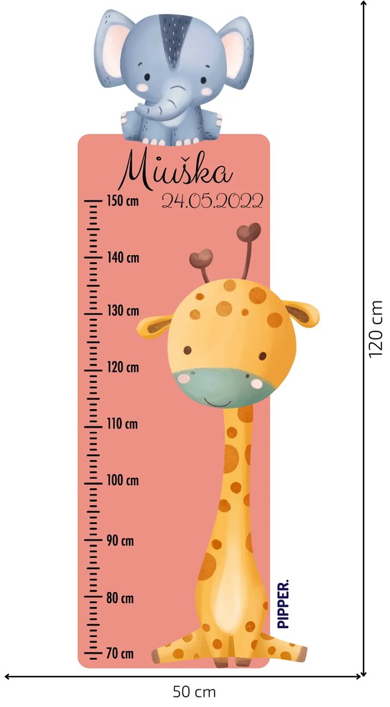 PIPPER. Textilná nálepka na stenu "Detský meter s menom - Safari 2"