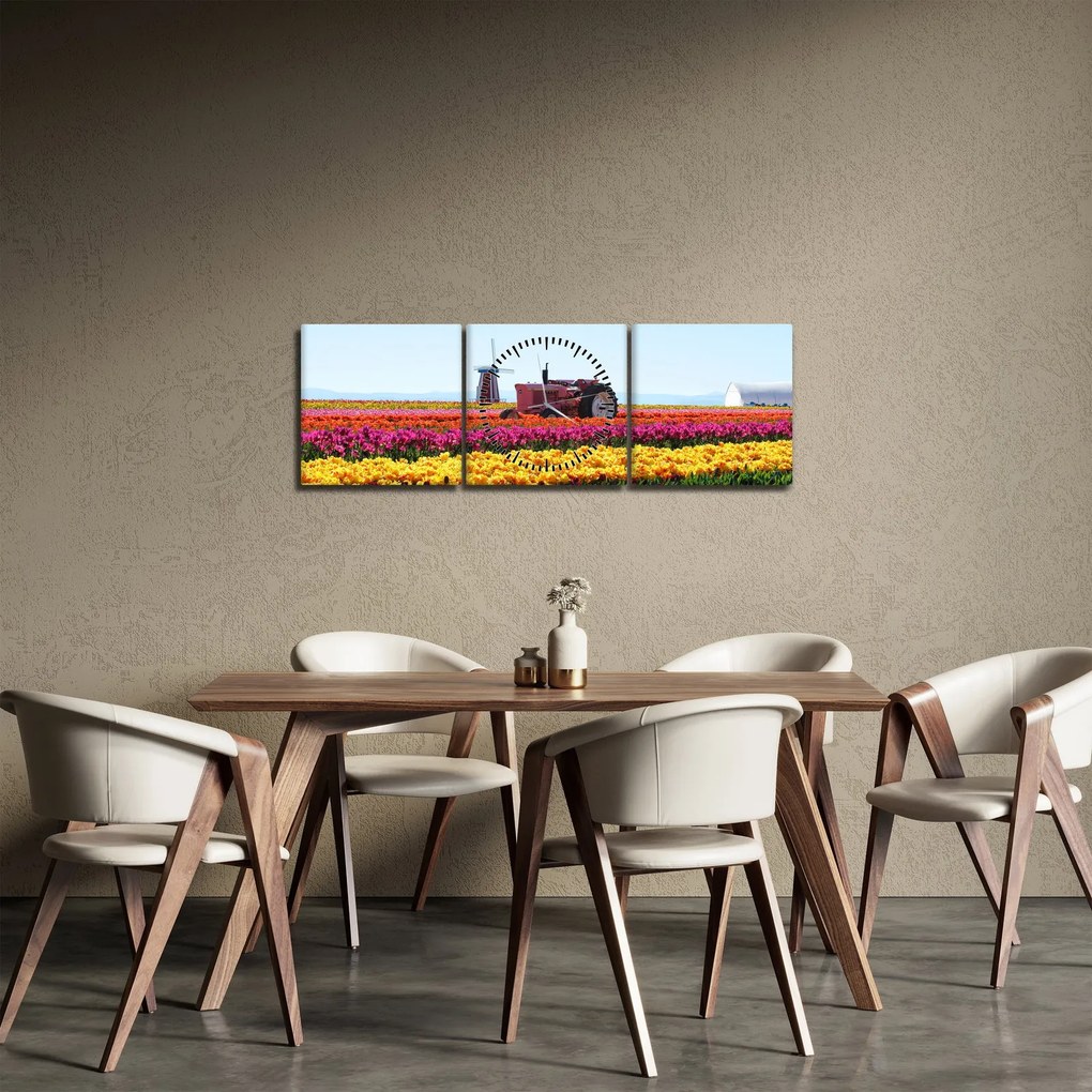 Obraz tulipánové farmy (s hodinami) (90x30 cm)
