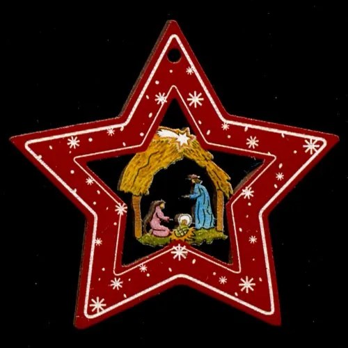 AMADEA Drevená ozdoba farebná hviezda s betlehemom 6 cm