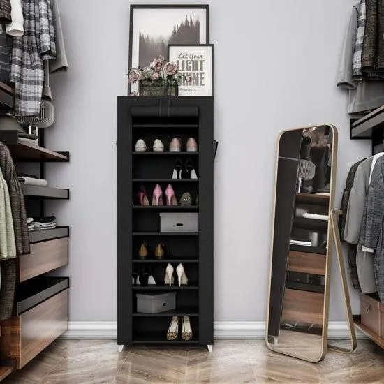 Úložný regál s veľkou kapacitou, botník 10-úrovňový, 28 x 58 x 160 cm, čierny
