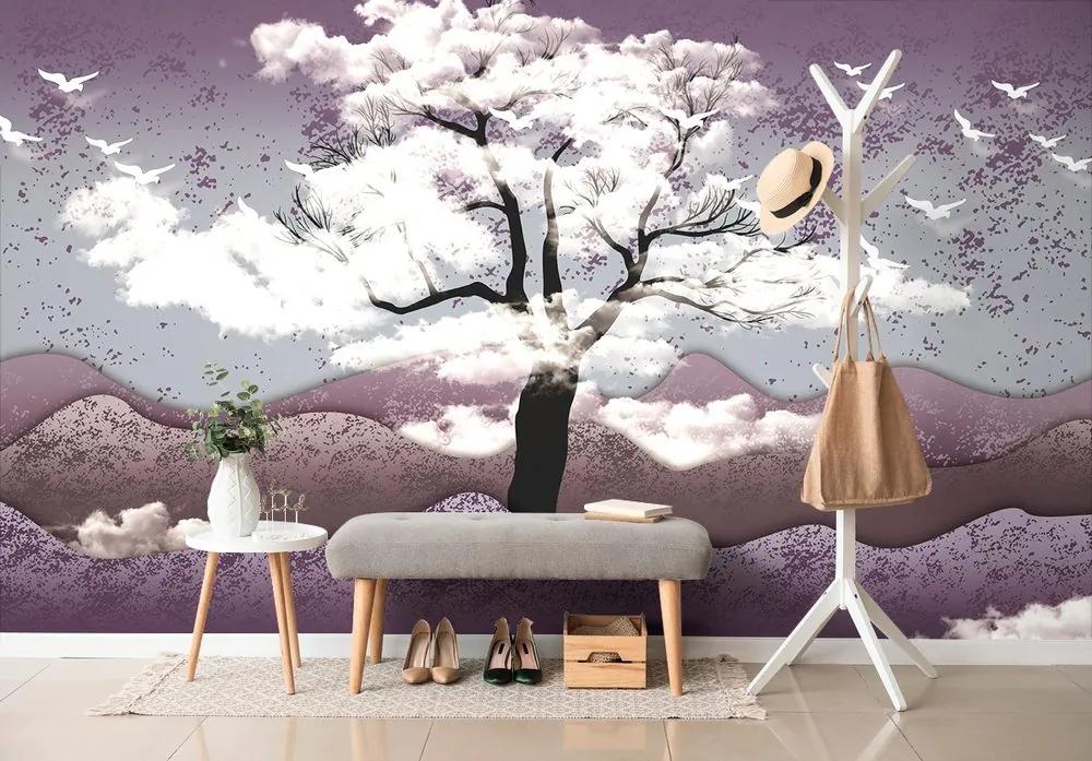 Samolepiaca tapeta strom v oblakoch vo fialovej krajine