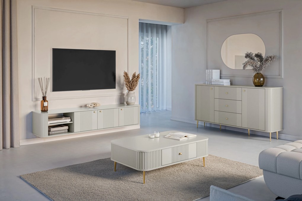 Závesný TV stolík Vespera 3D 187 cm - kašmírová / zlatá
