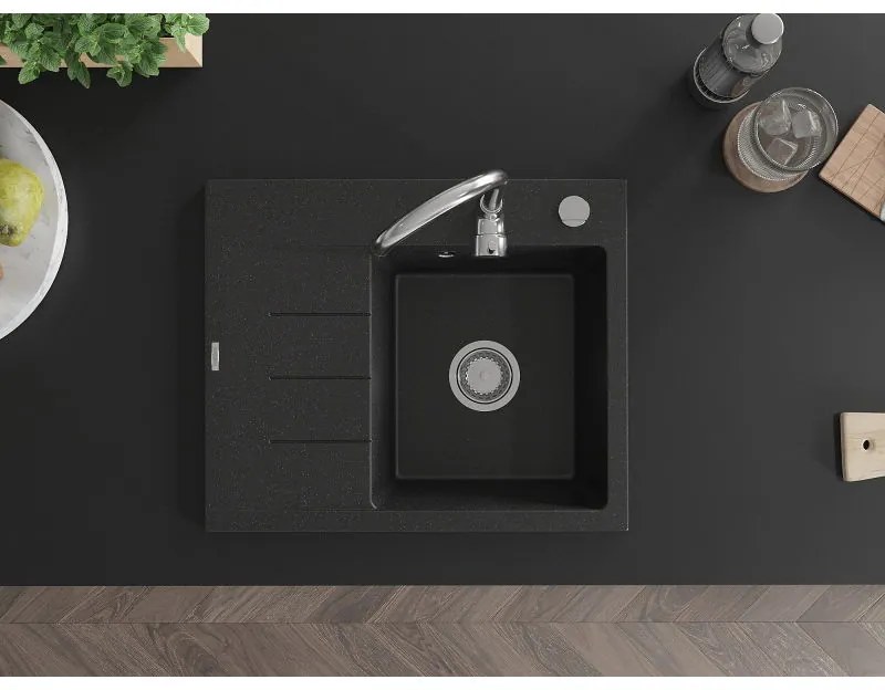 Mexen Ben, 1-komorový granitový drez 600x500x190 mm, pravý + chrómový sifón, čierna-strieborná metalíza, 6523605000-73