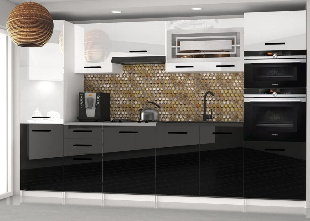 Kuchynská linka Belini 300 cm biely lesk / čierny lesk s pracovnou doskou Syntka2 INF SYNTKA2/5/WT/WB/0/B1