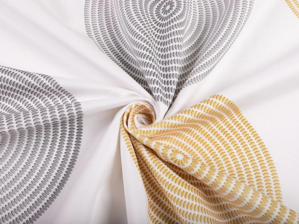 Biante Zamatový behúň na stôl Tamara TMR-023 Žlté a sivé designové kruhy na smotanovom 35x160 cm