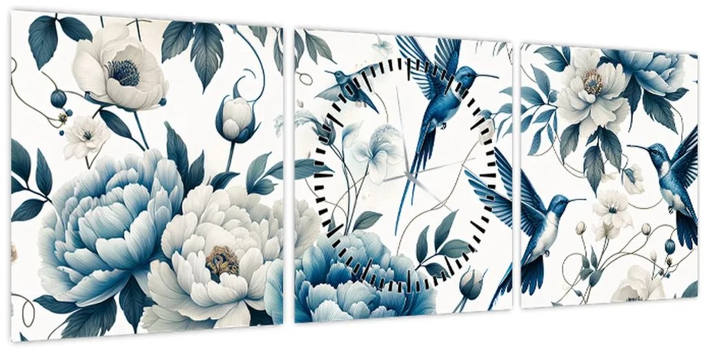 Obraz - Kolibríky s kvetmi (s hodinami) (90x30 cm)
