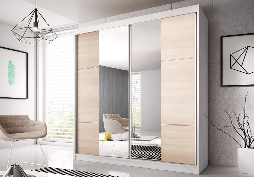 Šatníková skriňa s posuvnými dverami Multi 36 - biela / dub sonoma - 233 cm