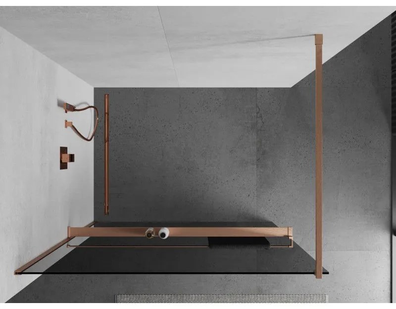 Mexen Kioto+, sprchová zástena Walk-In s poličkou a vešiakom 110 x 200 cm, 8mm šedé sklo, medený matný profil, 800-110-121-65-40