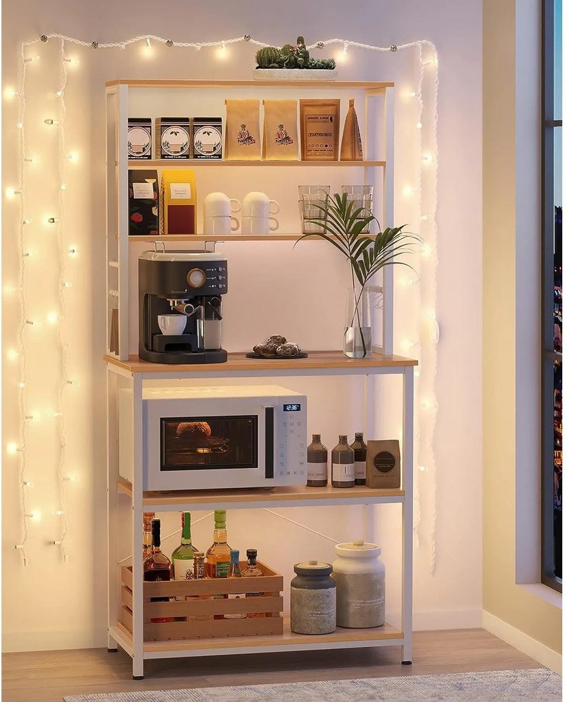 Regál do kuchyne, Stojan na mikrovlnku, 6 políc a 6 hákov, farba dub a biela