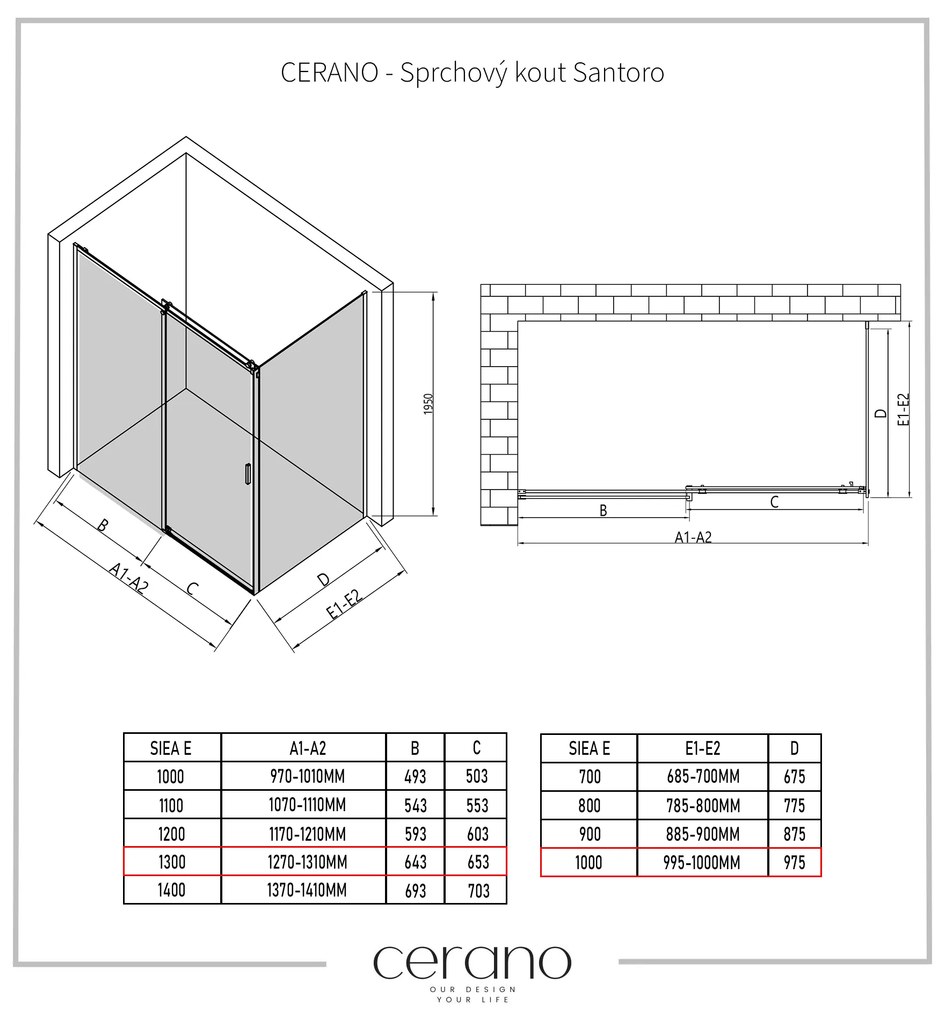 Cerano Santoro, sprchovací kút s posuvnými dverami 130(dvere) x 100(stena) x 195 cm, 6mm šedé sklo, čierny profil, CER-CER-425476