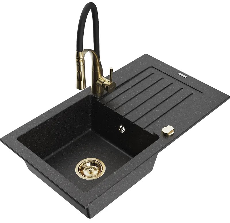Mexen Pablo, 1-komorový granitový drez 752x436x161 mm a drezová batéria Aster, čierna-strieborná metalíza, 6510-73-73450-57-G