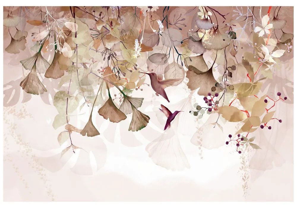 Tapeta listy s kolibríkmi v hnedo-ružovom