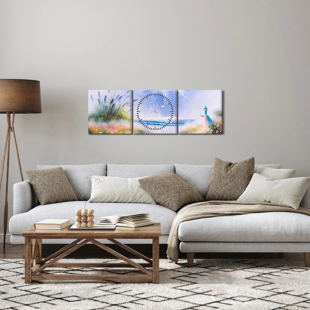 Obraz - Romantická pláž, olejomaľba (s hodinami) (90x30 cm)