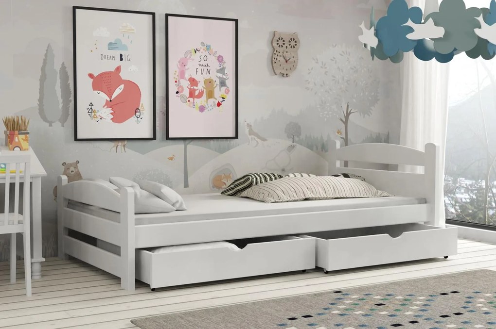 Detská posteľ z masívu borovice MAX so šuplíkmi - 200x90 cm - BIELA
