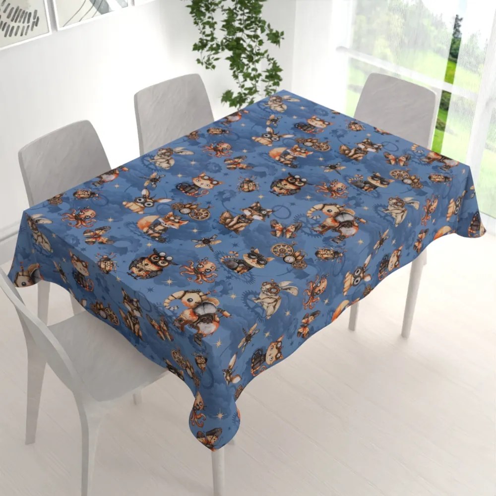 Biante Detský bavlnený obdĺžnikový obrus Sandra SA-581 Zvieratká vynálezcovia na modrom 50x100 cm