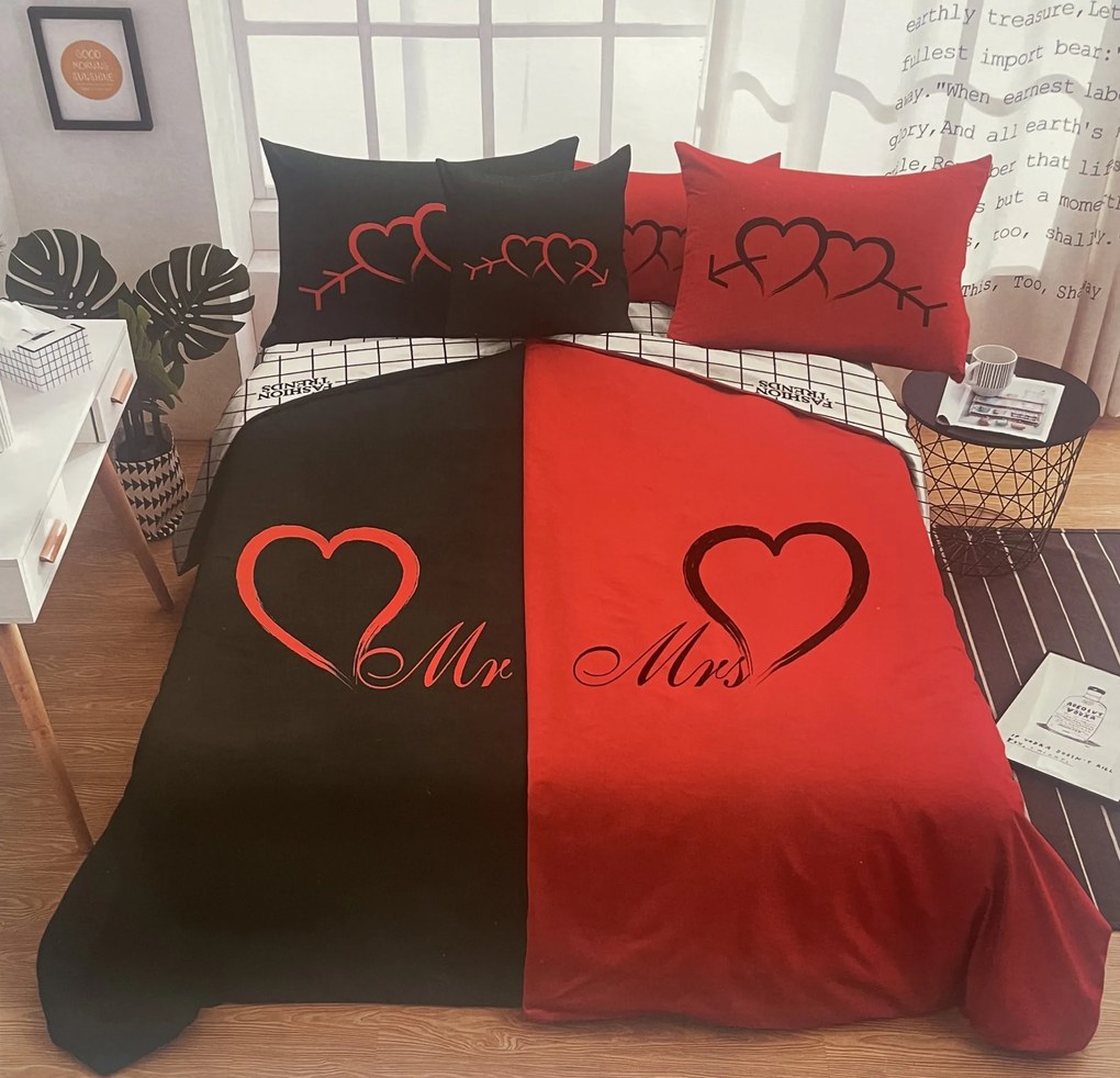 6 dielne Obliečky polycotton Mr&amp;Mrs red 200x140cm+90x70cm TiaHome