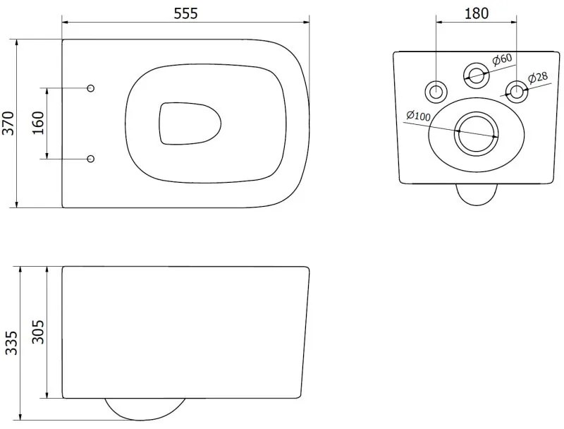 Mexen Vivo, závesná WC misa 555x370x335 mm, Rimless Tornádo + WC sedadlo z duroplastu, biela lesklá, 30610200T