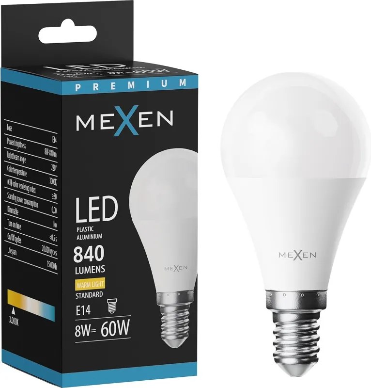 Mexen Nova, LED žiarovka E14, G45, 8W, teplá - 3000K, 840 lm - L101-E14-0830-01