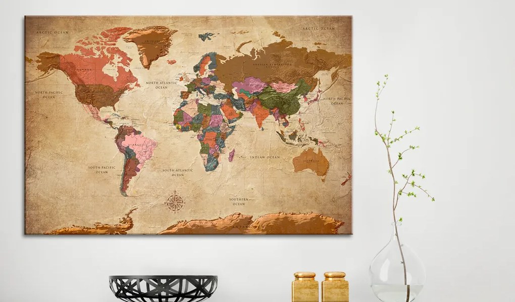 Artgeist Obraz na korku - World Map: Brown Elegance [Cork Map] Veľkosť: 120x80