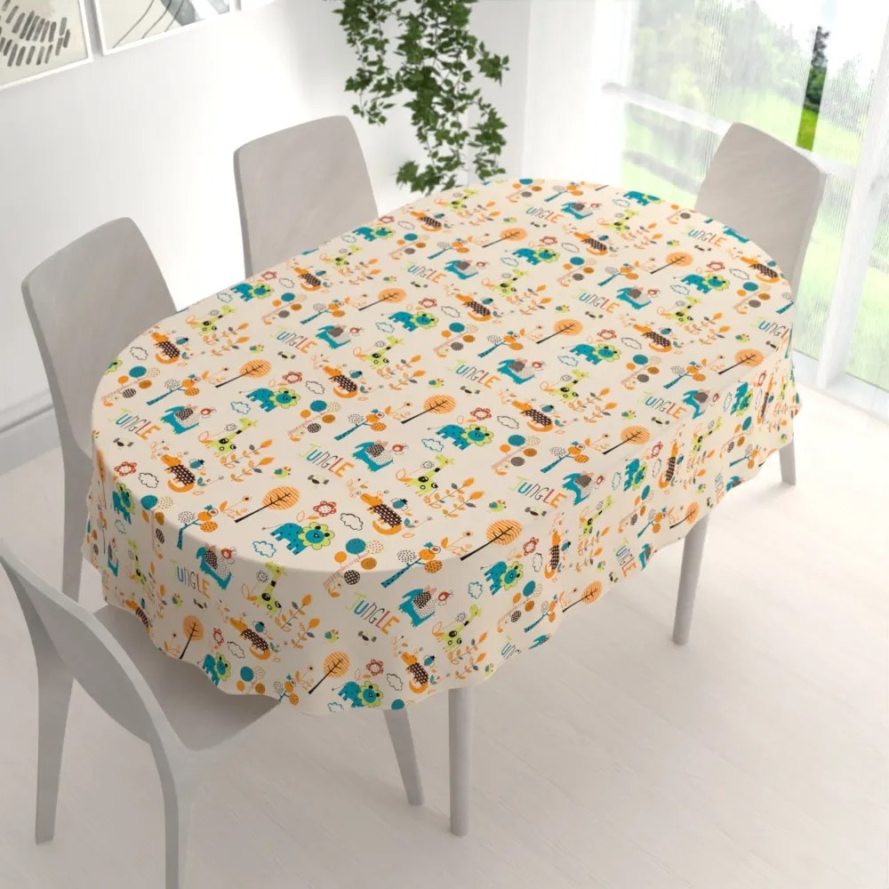 Biante Detský bavlnený oválny obrus Sandra SA-008 Tyrkysové a oranžové zvieratká z džungle 140x220 cm