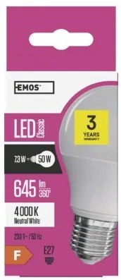 EMOS LED žiarovka, E27, A60, 8W, 645lm, neutrálna biela / denné svetlo