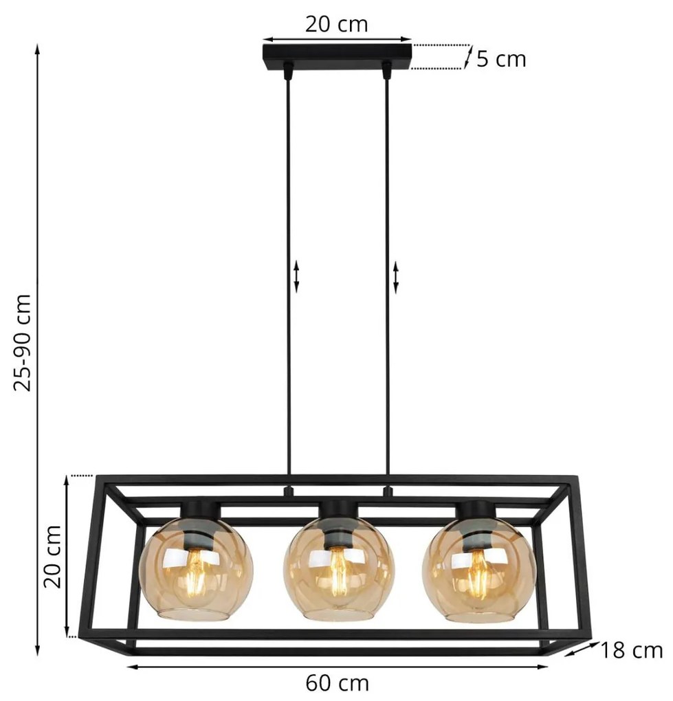Závesné svietidlo Haga cage, 3x medové sklenené tienidlo v kovovom ráme