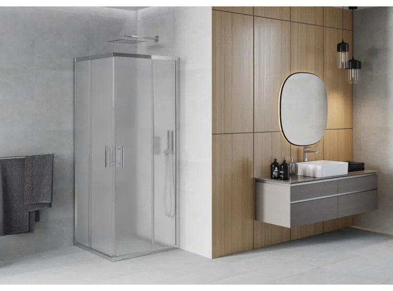 Mexen Rio, štvorcový sprchovací kút s posuvnými dverami 80(dvere) x 80(dvere) x 190 cm, 6mm sklo námraza, chrómový profil, 860-080-080-01-30