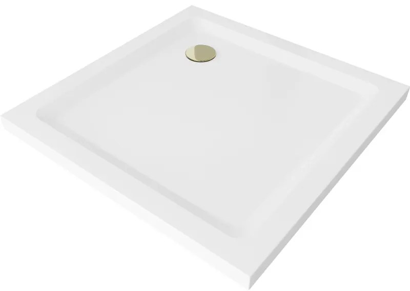 Mexen SLIM - Štvorcová sprchová vanička 90x90x5cm + zlatý sifón, biela, 40109090G