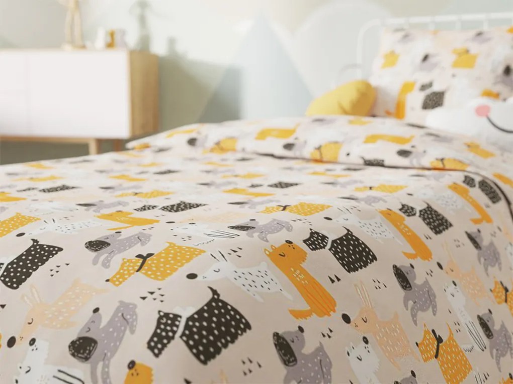 Bavlnené obliečky do postieľky FAREBNÉ PSÍCI krémové