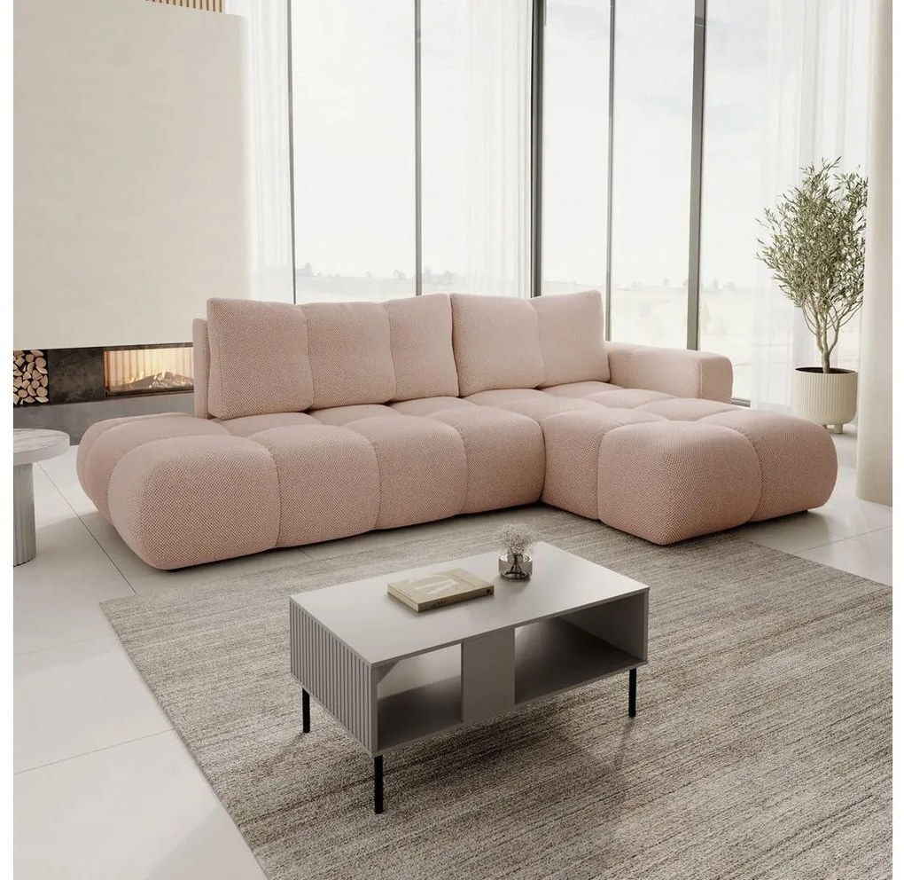 Rozkladacia rohová čalúnená sedacia súprava s úložným priestorom do tvaru L ALMADA pravá ružová