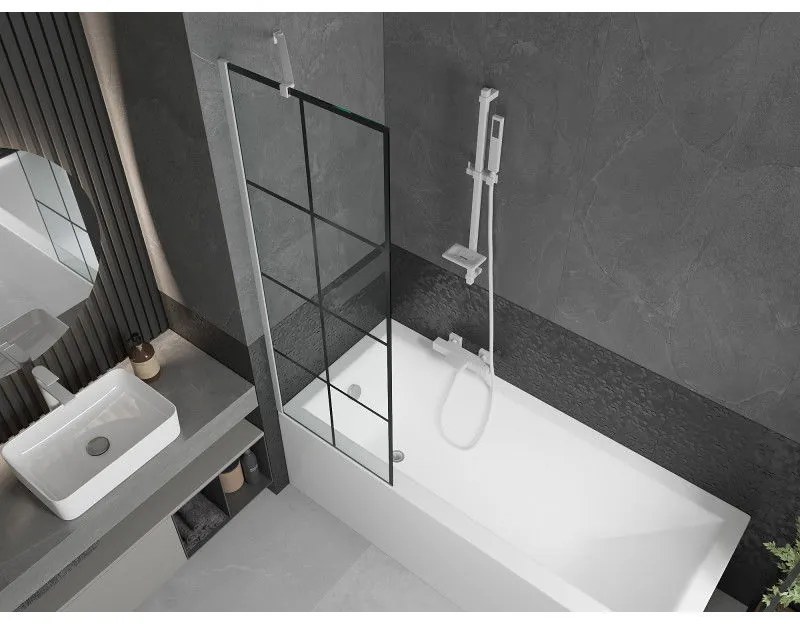 Mexen Next, vaňová zástena 1-krídlová 60 x 150 cm, fixné krídlo, 6 mm číre sklo s čiernym vzorom, biely profil, 895-060-000-00-77-20