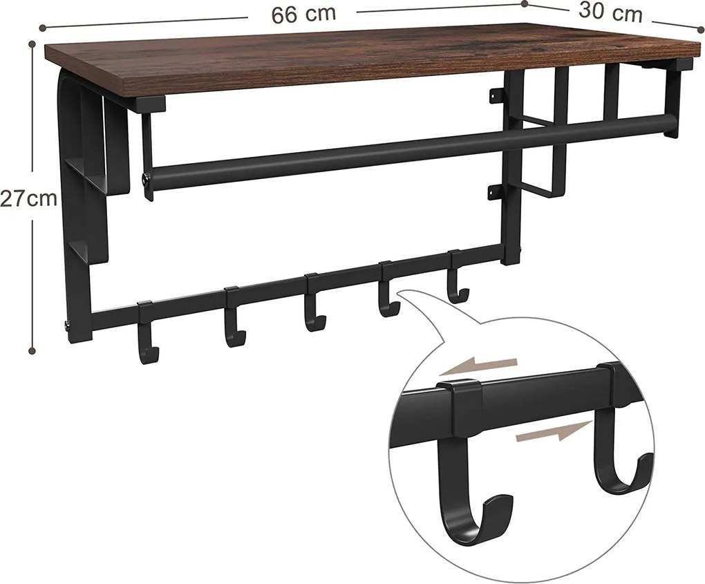 Nástenný vešiak na kabáty, s 5 háčikmi, 66 x 30 x 27 cm, rustikálny hnedý